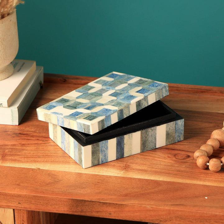 Light Grey/Blue with White Bone inlaid Box. Size - 4"x 6" x 2"