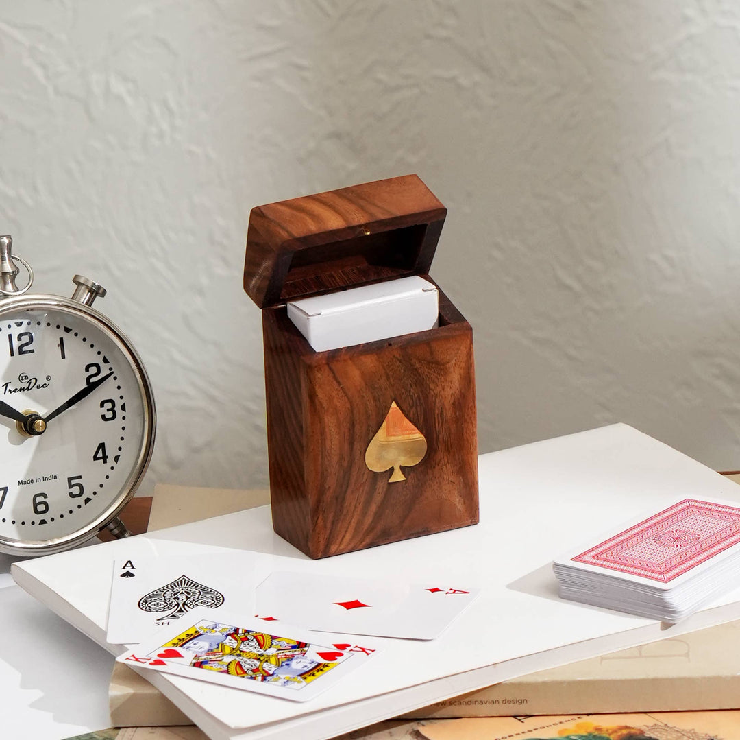Wooden Brown Card Box with Natural Finish with Cards - 4.5"X3"X1.5"