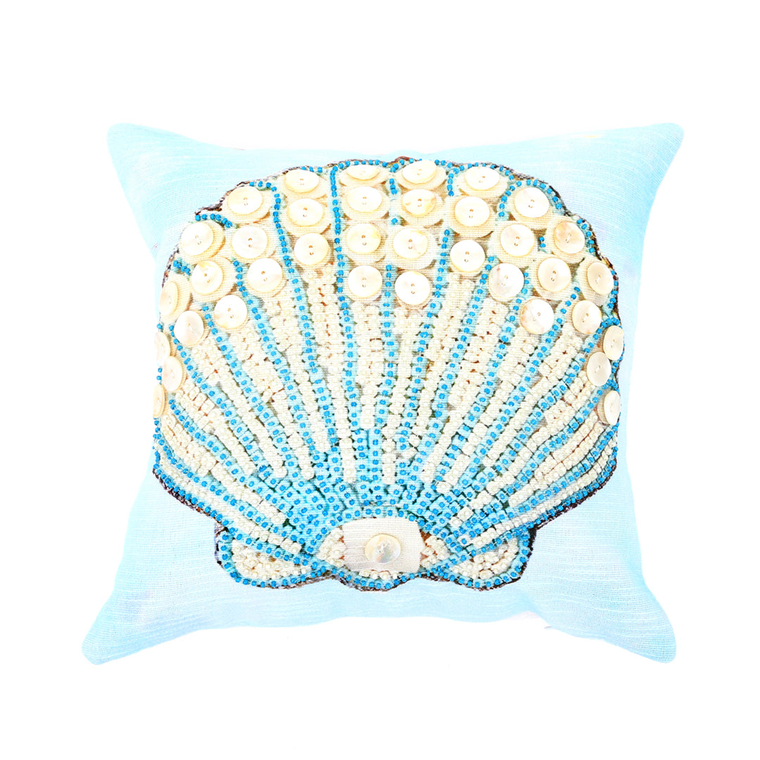 Print & Beadwork Seashell Pillow - Blue & Ivory 18"x18"
