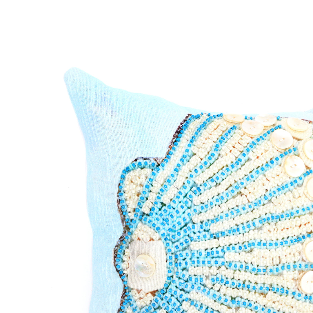 Print & Beadwork Seashell Pillow - Blue & Ivory 18"x18"