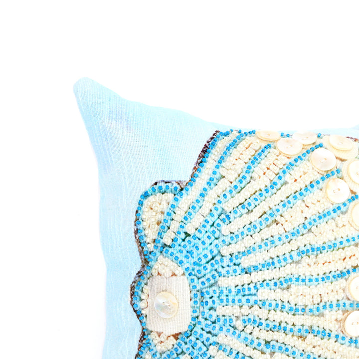 Print & Beadwork Seashell Pillow - Blue & Ivory 18"x18"