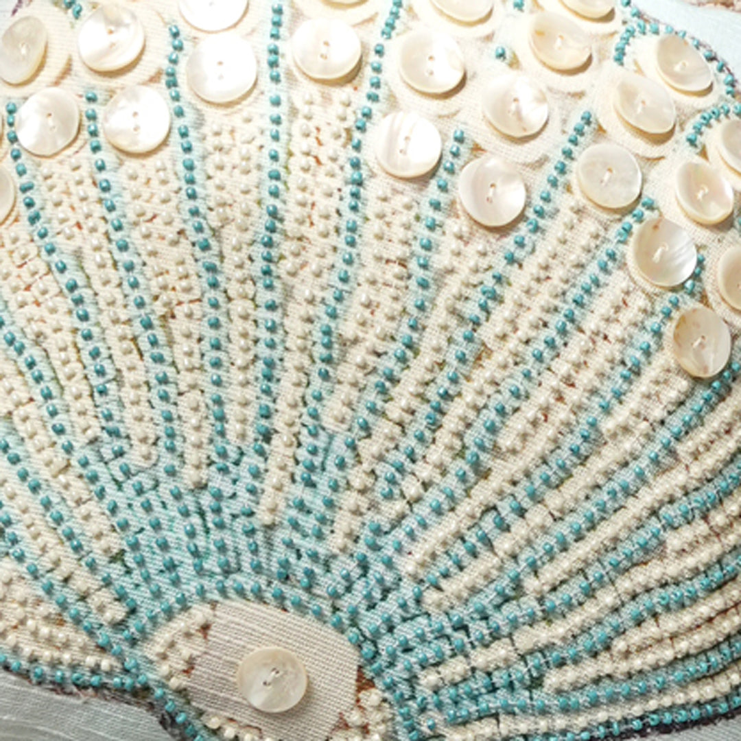 Print & Beadwork Seashell Pillow - Blue & Ivory 18"x18"