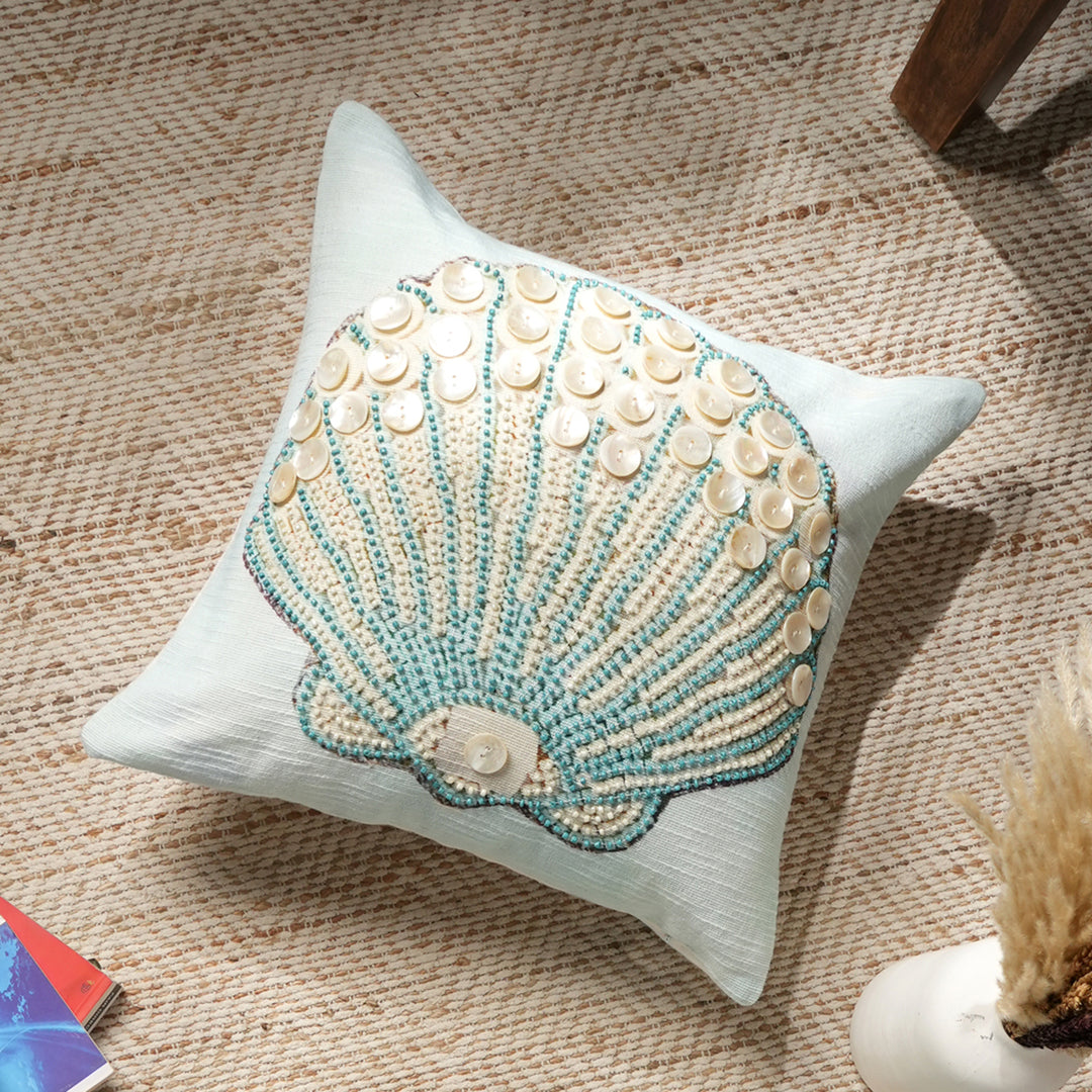 Print & Beadwork Seashell Pillow - Blue & Ivory 18"x18"