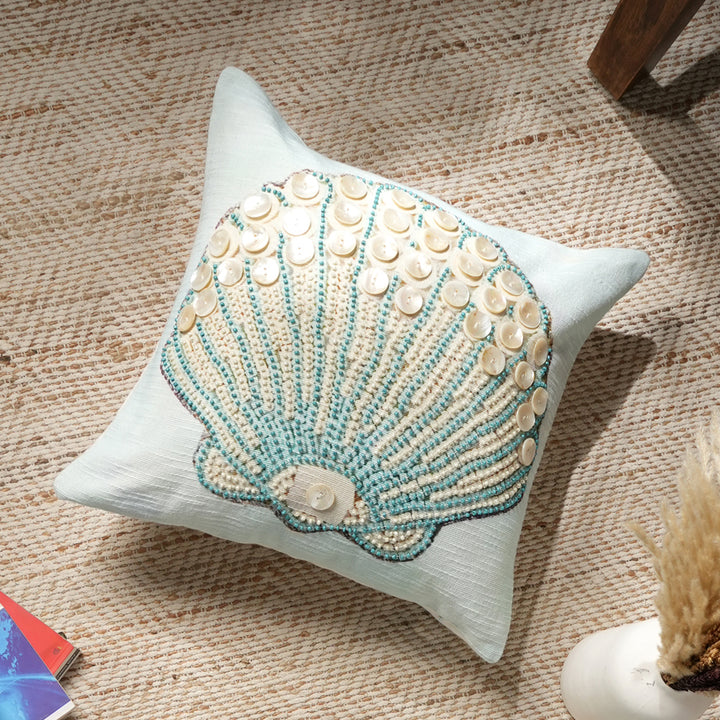 Print & Beadwork Seashell Pillow - Blue & Ivory 18"x18"