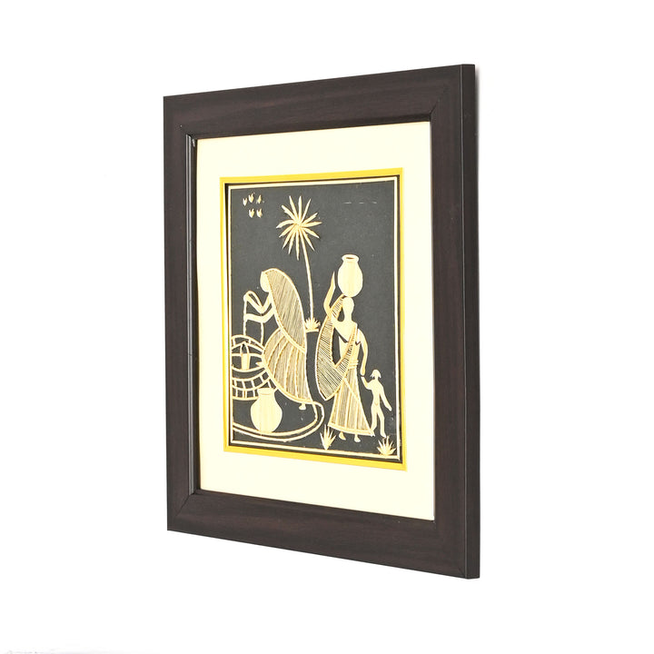 Handcrafted Framed Sikki Grass Painting of Village Life | Golden & Black