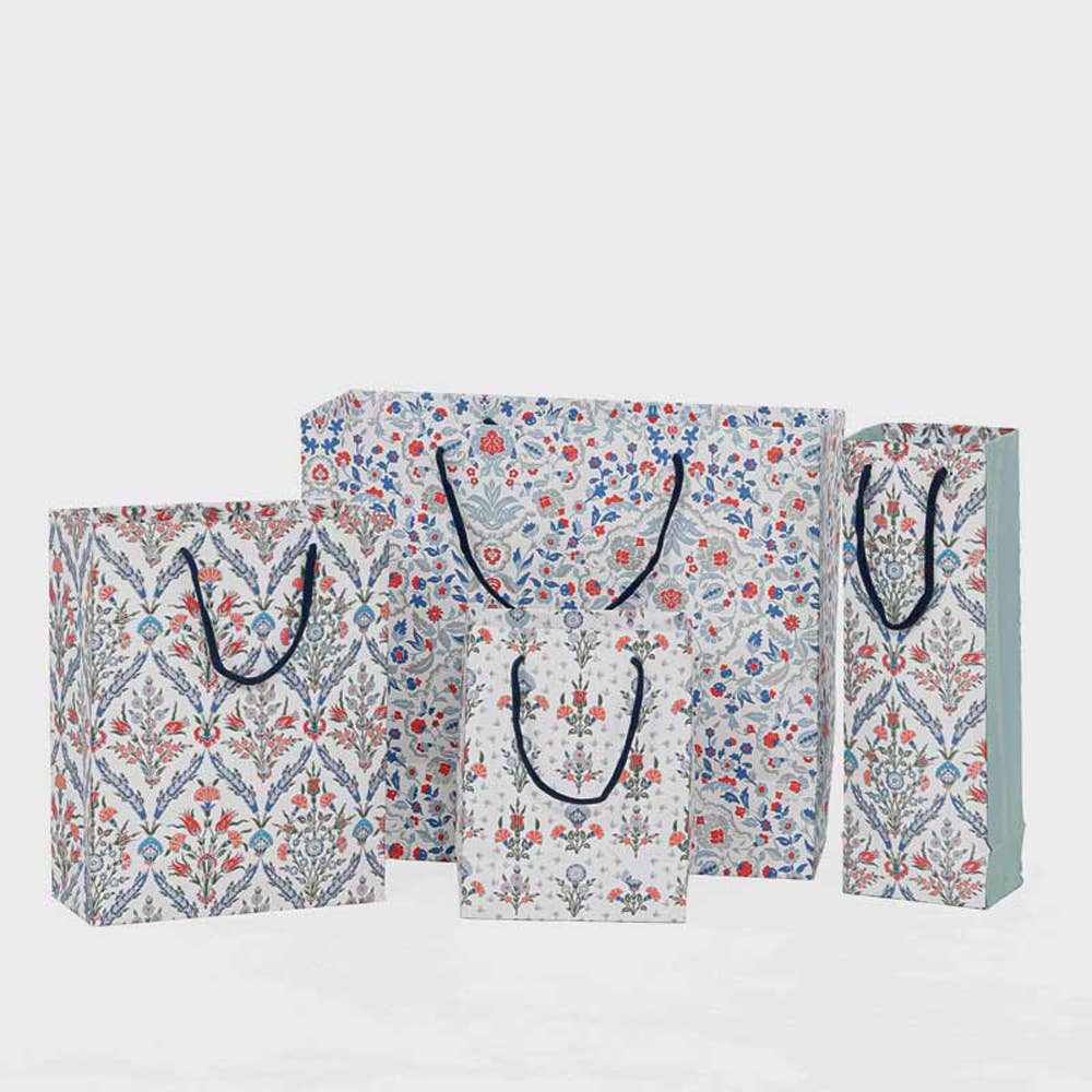 Recycled Paper Bag / Set Of 7 Pcs / White & Blue - Cotton (Large Medium Small & Wine Bag) / Moq - 1 Set