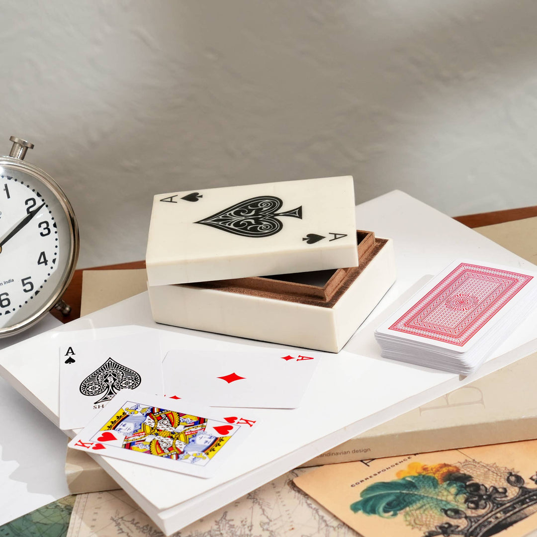 Wooden Printed White Card Box with Cards - 4.75"x3.35"x1.75"