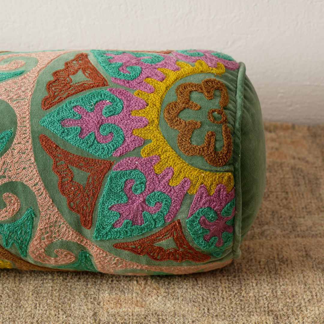 Decorative Suzani Embroidered Bolster Pillow - 21" X 8"