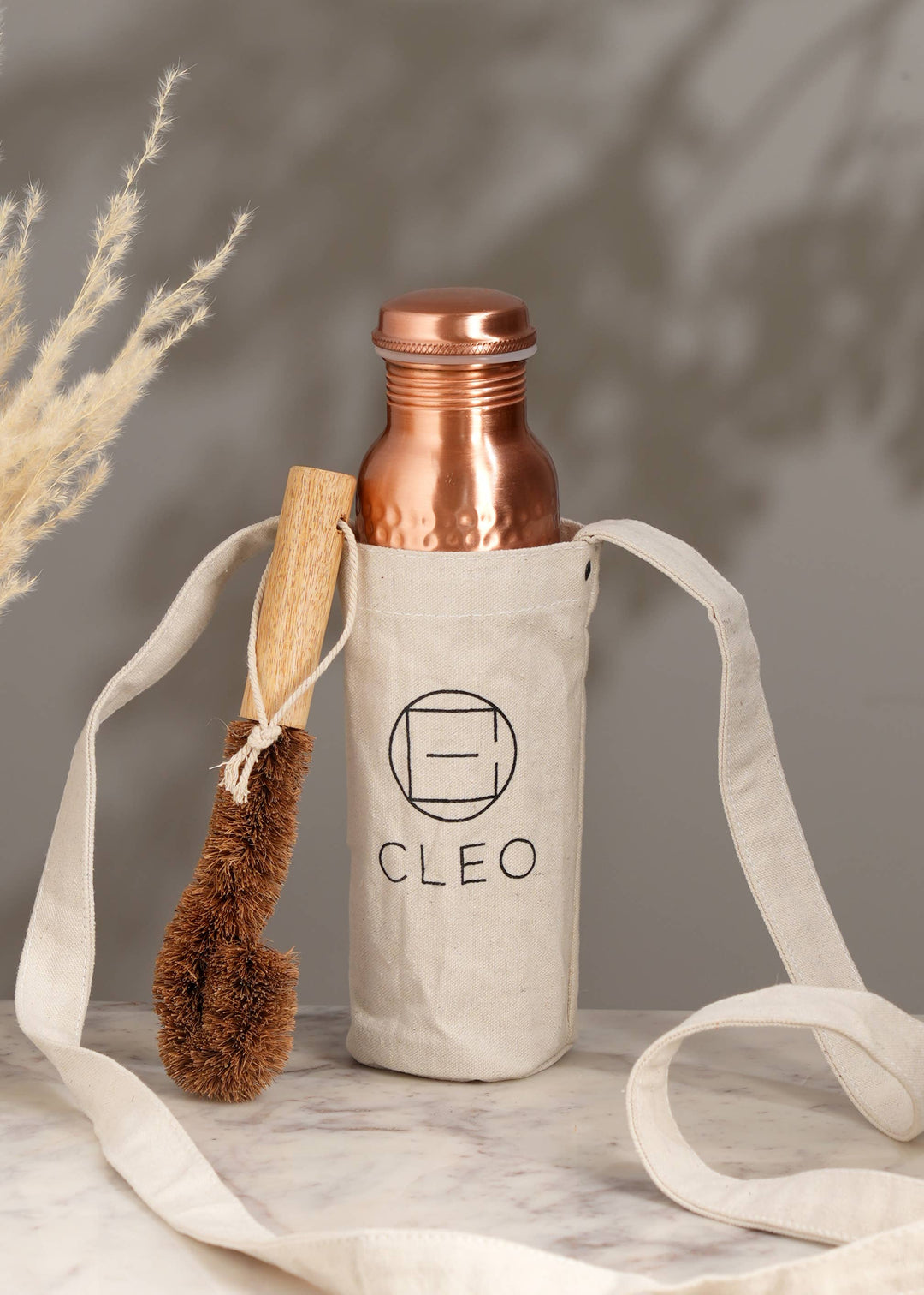 Cleo Home Pure Hammered Copper Bottle With Bag & Coir Brush