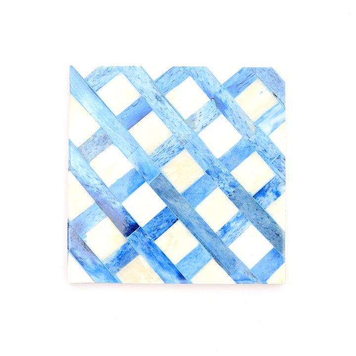 White/Blue Dyed Bone Inlaid Square Coaster Set - 4"x4", Set of 4