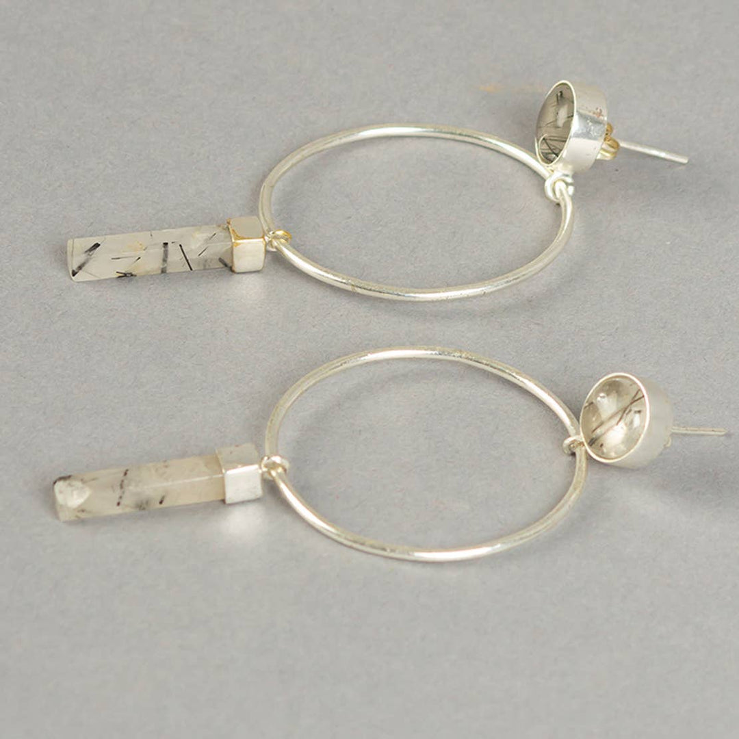 Pendulum Rutile Dangle Earrings / Silver White & Black - Brass & Semi Precious Stone / L-3W-1.5 Inches / Moq - 4 Pairs