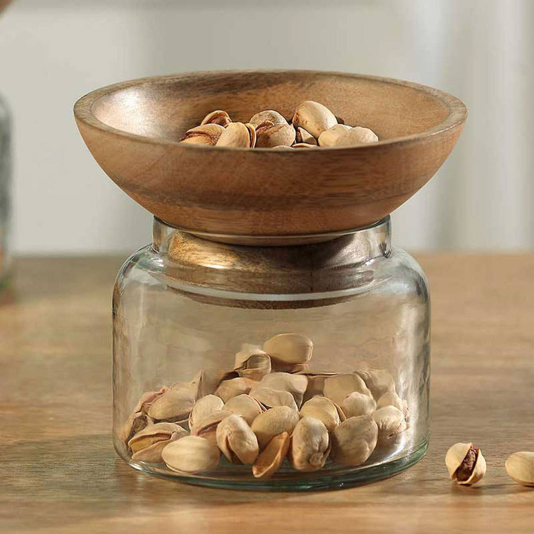 Twain Glass Jar With Wooden Bowl (Small) / Transparent / 5 X 5 X 4.5 Inches(L X W) / Moq - 4 Pcs