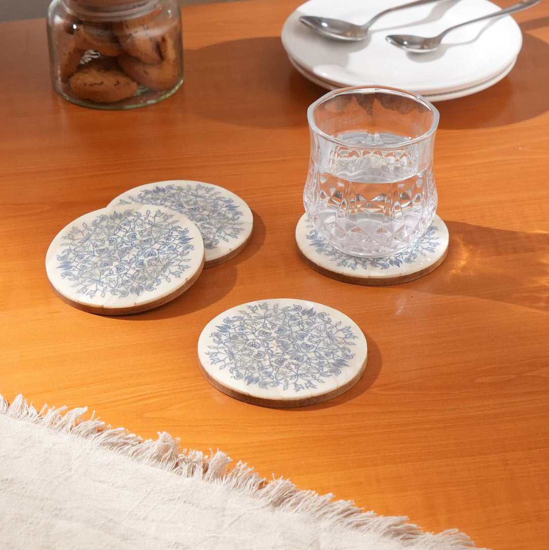 Ivory Bone Coaster (Set of 4) With Blue Print:Dia 4"