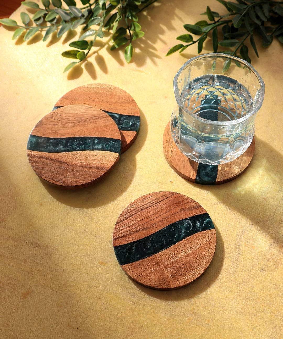 Wood & Resin Wave Coasters Set of 4 | 4" |  Mango Wood