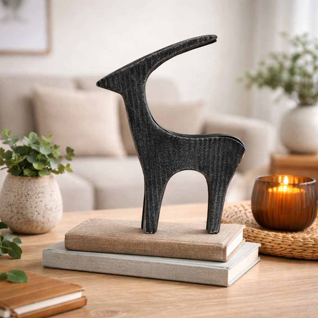 Sculpture | Black Ribbed Deer Aluminum Table Décor | Stylish Modern Deer Accent for Home and Office
