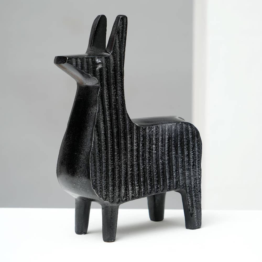 Sculpture | Black Ribbed Llama Aluminum Table Décor | Unique Modern Art Piece for Home Interiors