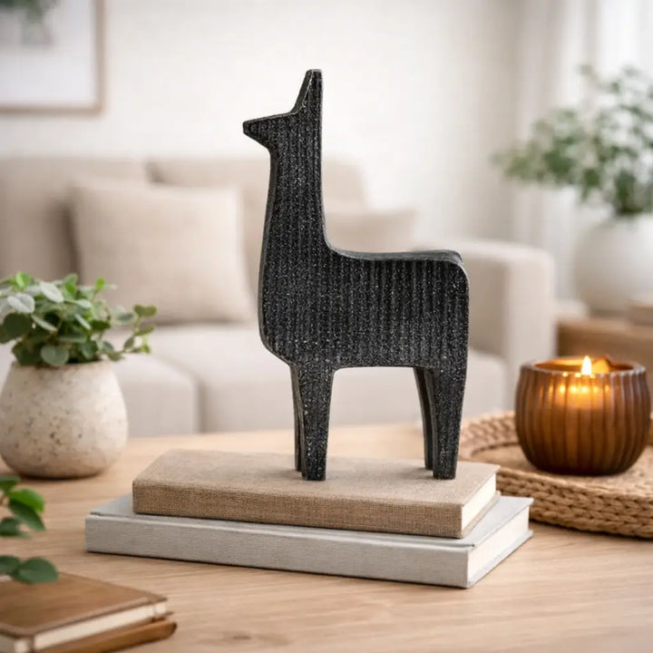 Sculpture | Black Ribbed Llama Aluminum Table Décor | Unique Modern Art Piece for Home Interiors