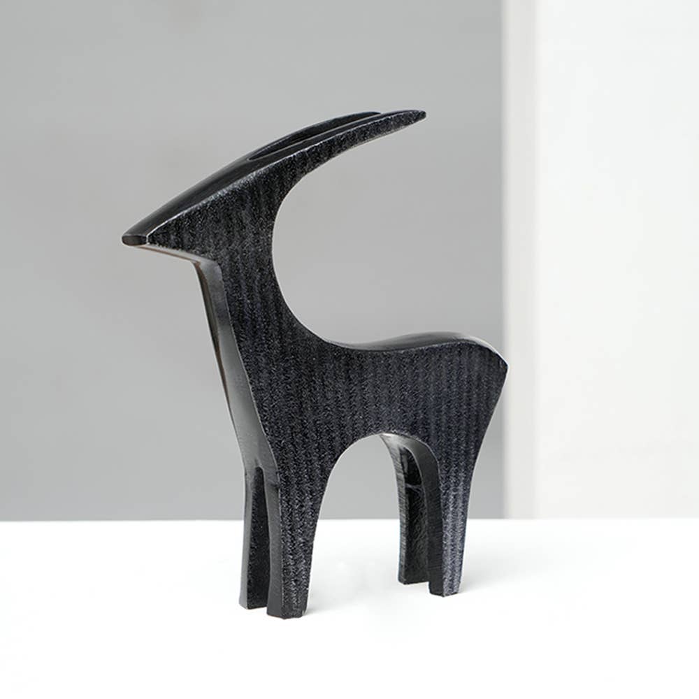 Sculpture | Black Ribbed Deer Aluminum Table Décor | Elegant Modern Deer Figurine for Home Interiors