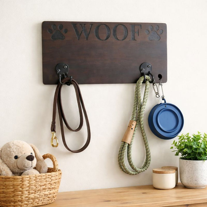 Woof Leash Holder | Handmade Wooden Dog Accessory Organizer | Wall Mounted Pet Leash Storage | Eco Friendly Pet Gear