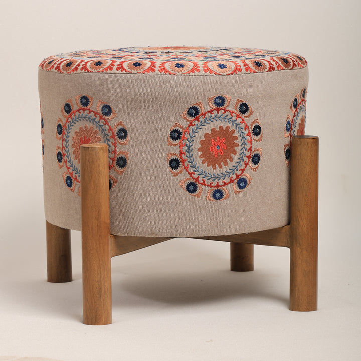 Mandala Design Embroidered Stool |16x14" | Beige | Cotton