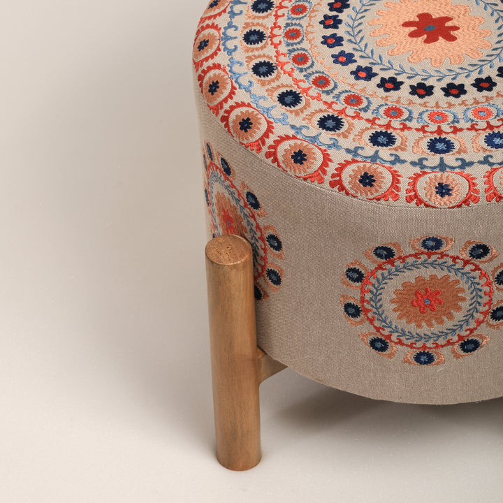 Mandala Design Embroidered Stool |16x14" | Beige | Cotton