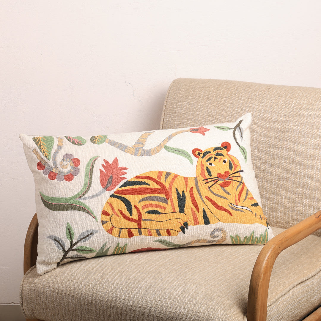 Floral Safari Tiger Pillow | 24x14" | Cotton Fabric