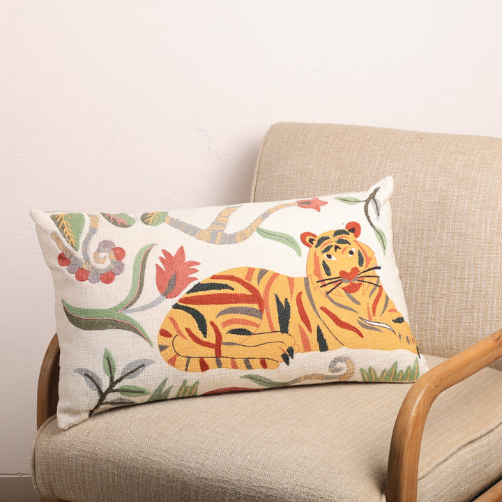 Floral Safari Tiger Pillow | 24x14" | Cotton Fabric