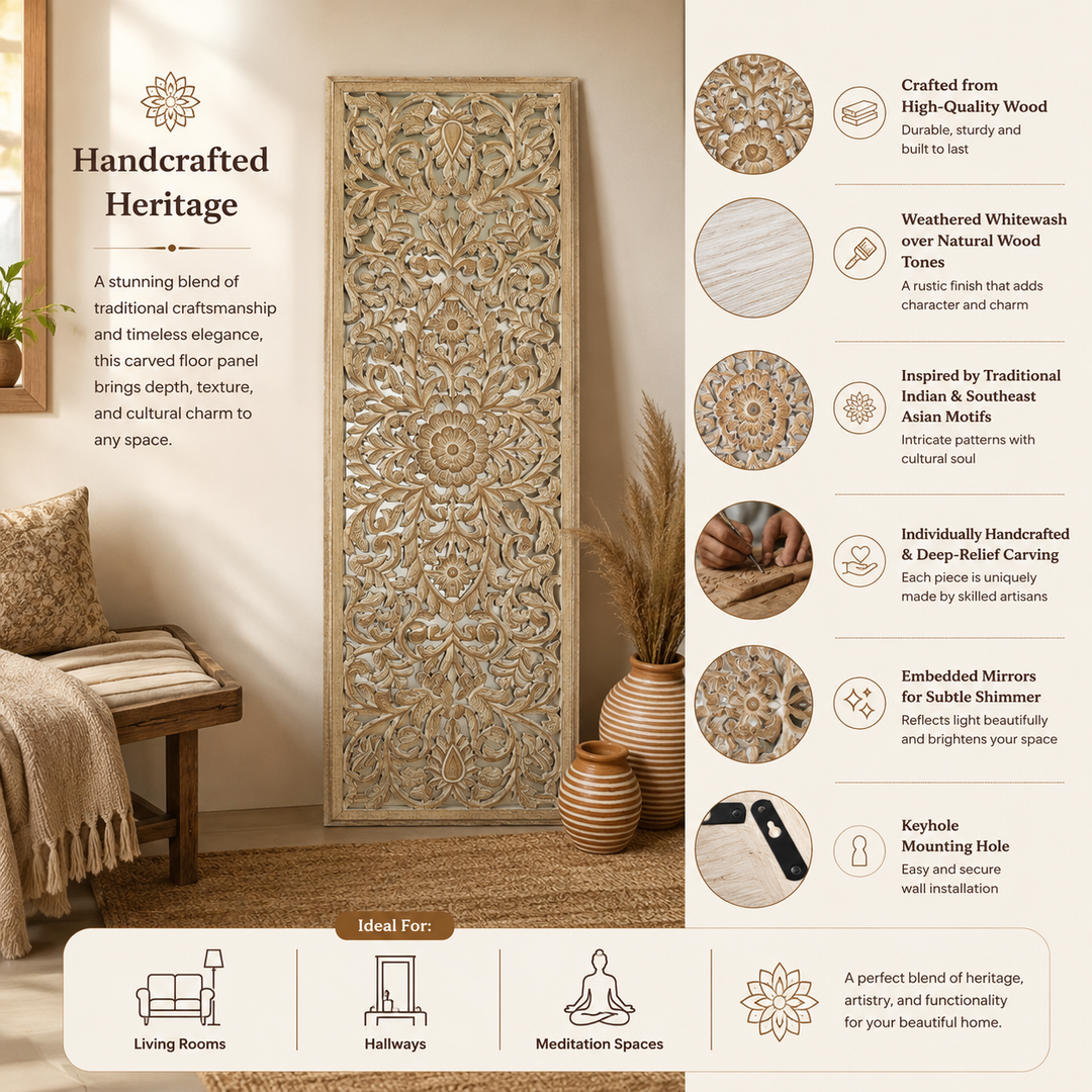 Wood Floral Hand Carved Wall Accent | Handmade Wooden Wall Art | Boho & Vintage Home Decor | Living Room, Bedroom & Entryway