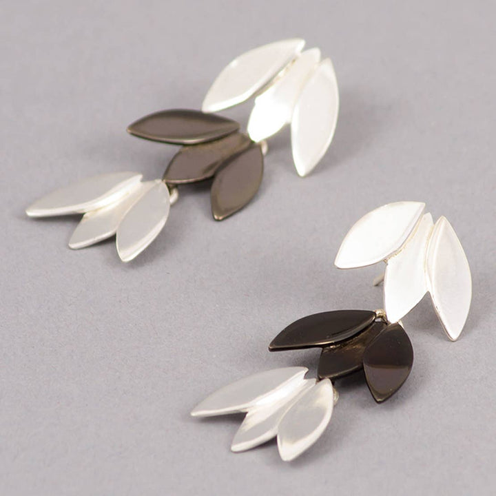 Fan Flower Dangle Earrings / Silver & Black - Brass & Ceramic / 2 X 0.75 Inches (L X W) / Moq - 4 Pairs