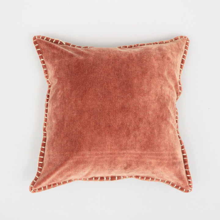Stonewashed Cotton Velvet Throw Pillow with Decorative Handstitched Edges- 18" x 18"