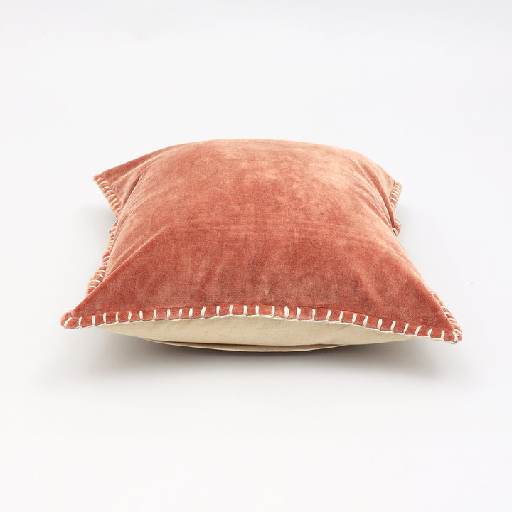 Stonewashed Cotton Velvet Throw Pillow with Decorative Handstitched Edges- 18" x 18"