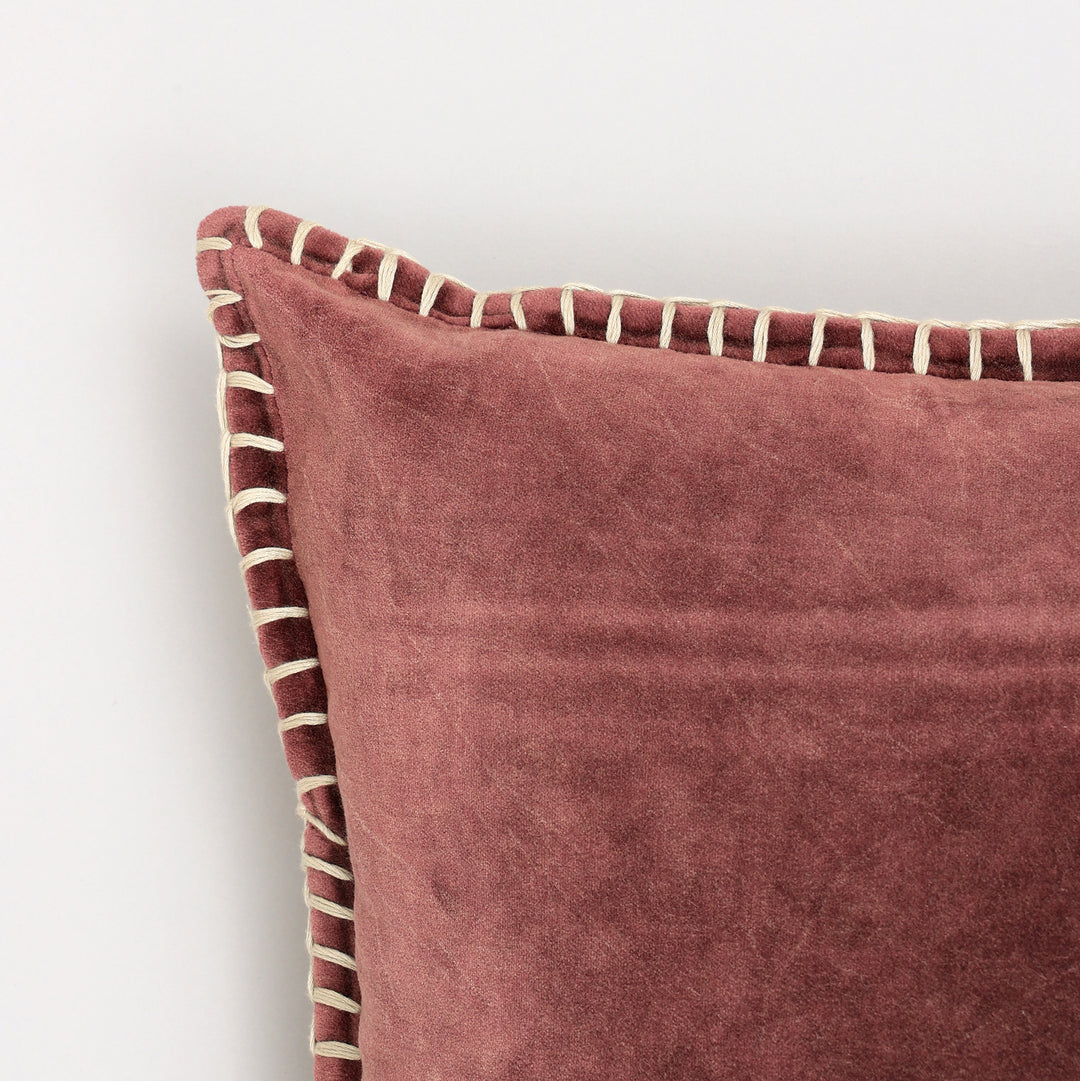 Stonewashed Cotton Velvet Throw Pillow with Decorative Handstitched Edges- 18" x 18"