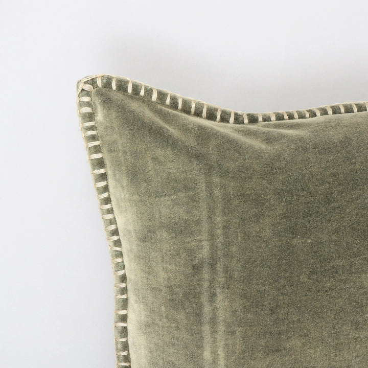 Stonewashed Cotton Velvet Throw Pillow with Decorative Handstitched Edges- 18" x 18"