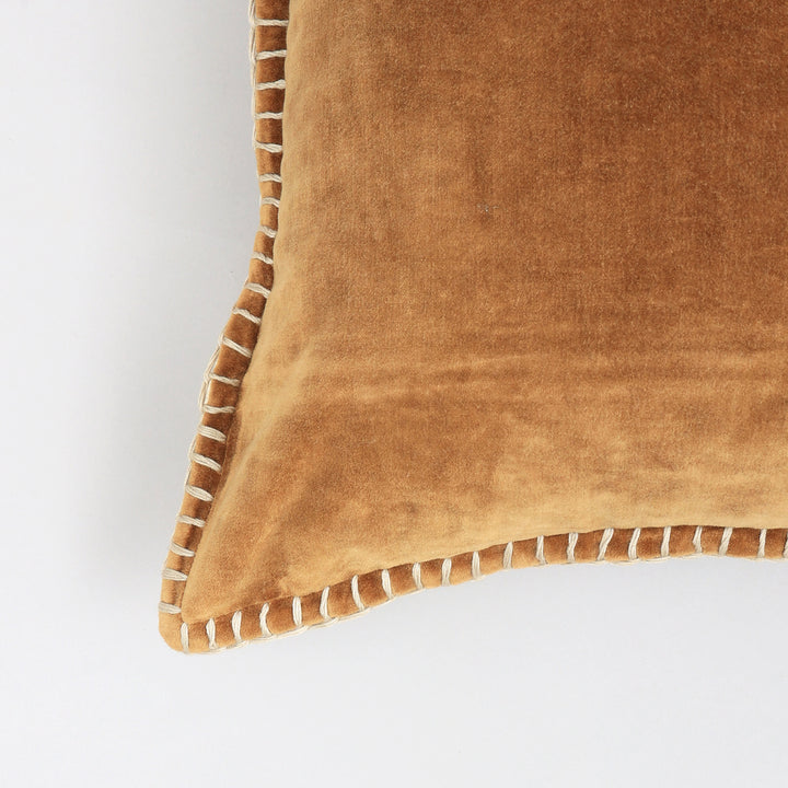 Stonewashed Cotton Velvet Throw Pillow with Decorative Handstitched Edges- 18" x 18"