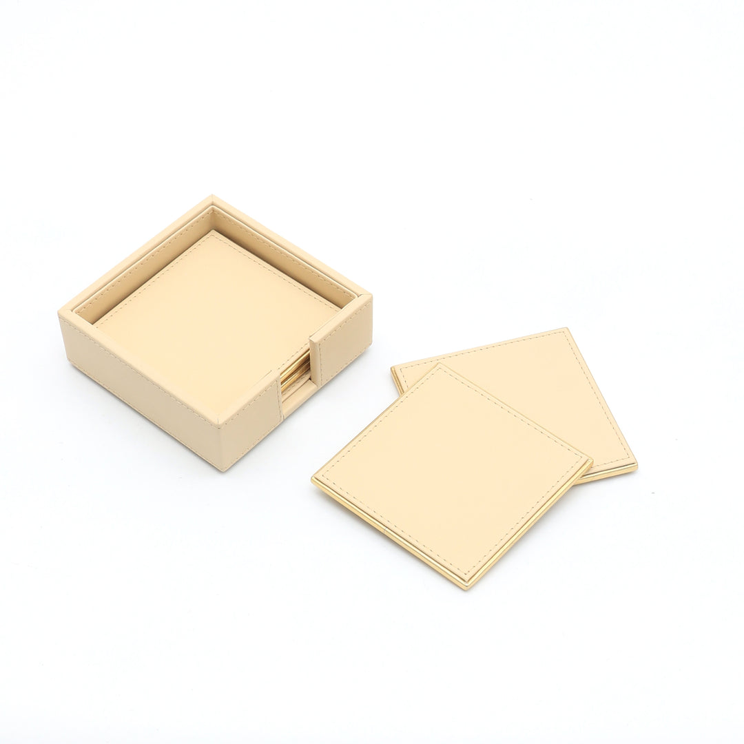 Premium And Durable PU Leather Coaster Set In Cream Color-Set Of 4