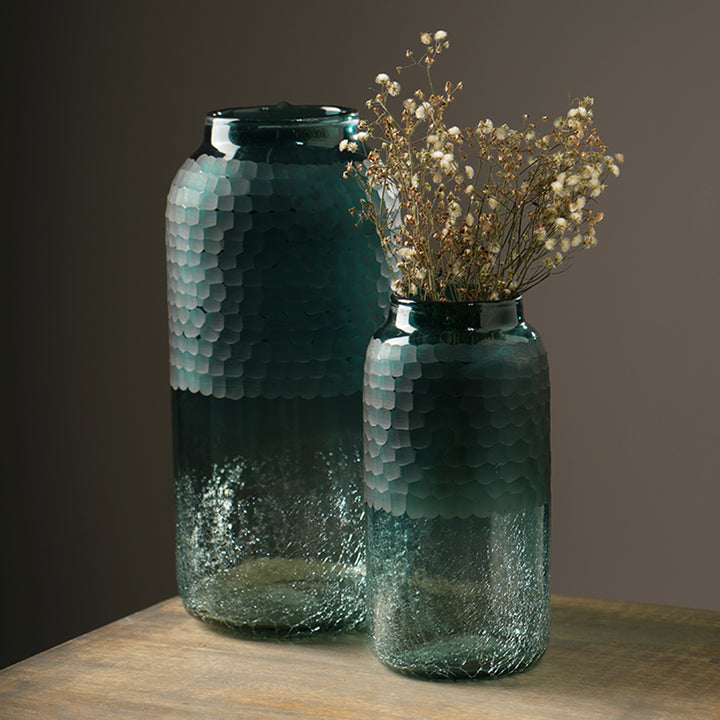 Blue Etched Half Crackle Glass Vase