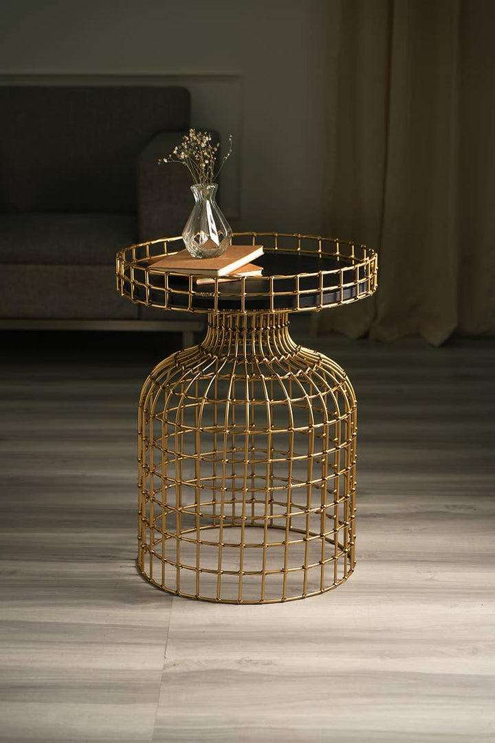 Golden Round Bird Cage Design Glossy Side Table