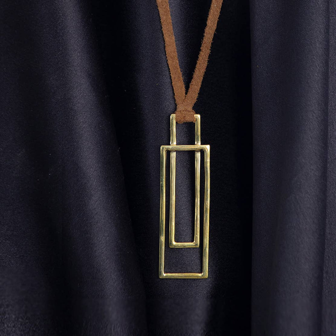 Boxed In Brass Necklace / Gold & Brown - Brass & Leather / L-16.25P(L-2.5W-0.60) Inches / Moq - 4 Pcs