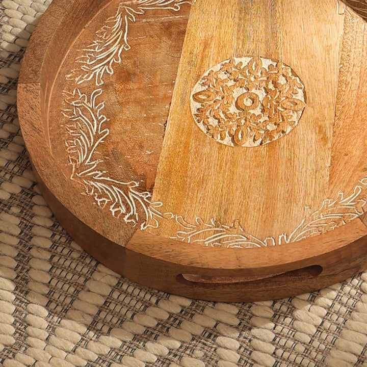Wooden Serving Tray | Decorative Round Carved Tray | Elegant Wooden Home Decor