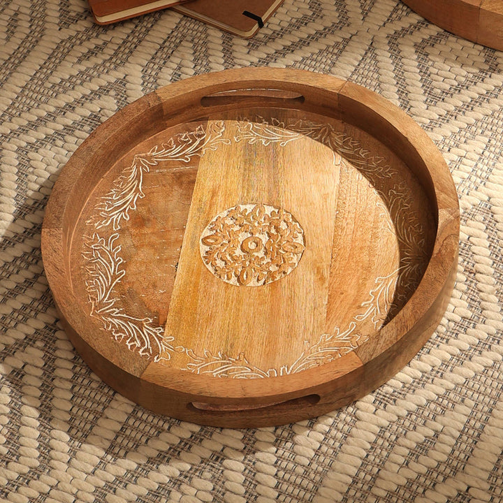 Tray | Round Mango Wood Serving Tray | Set of 2 – Elegant Wooden Dinnerware for Home & Kitchen
