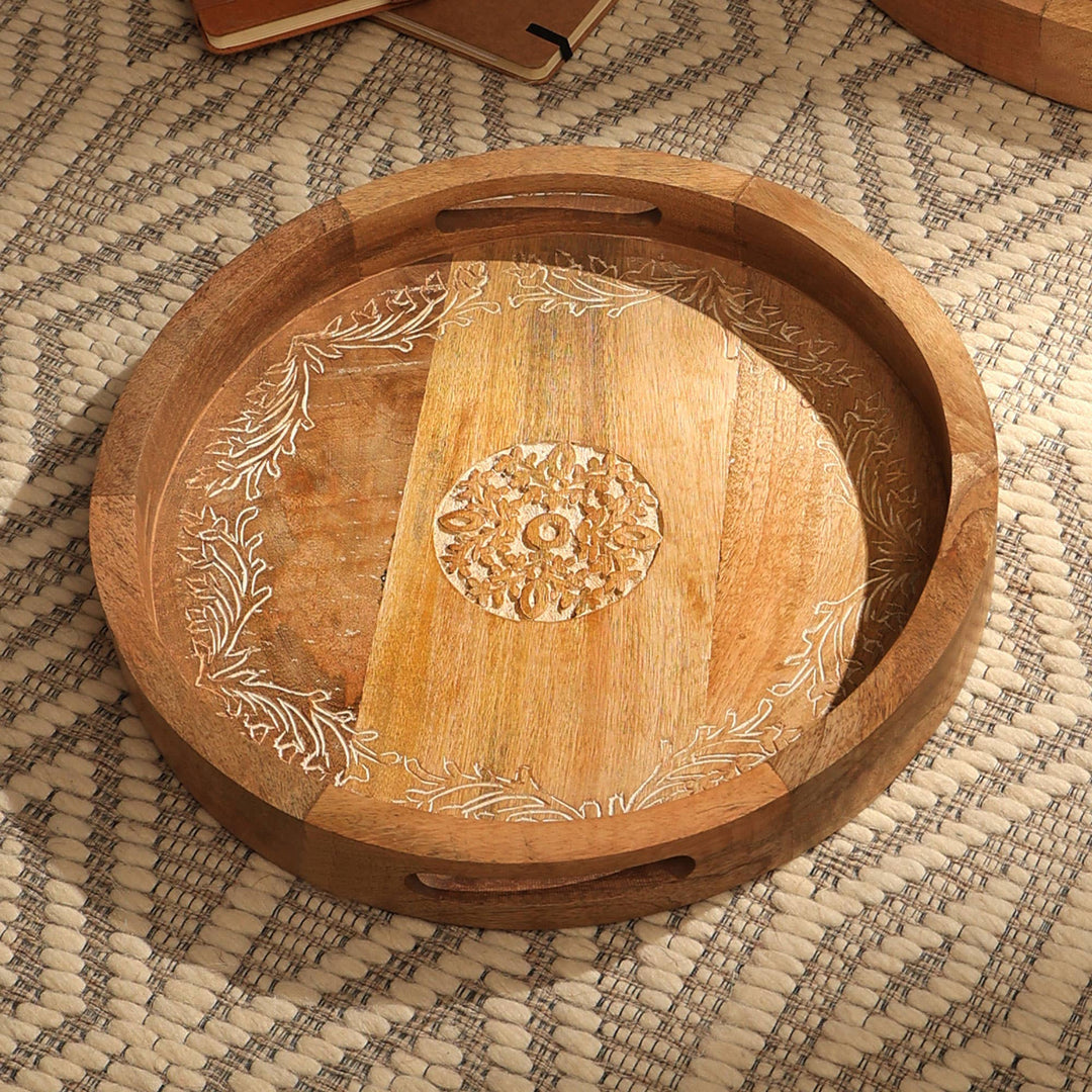 Wooden Serving Tray | Decorative Round Carved Tray | Elegant Wooden Home Decor