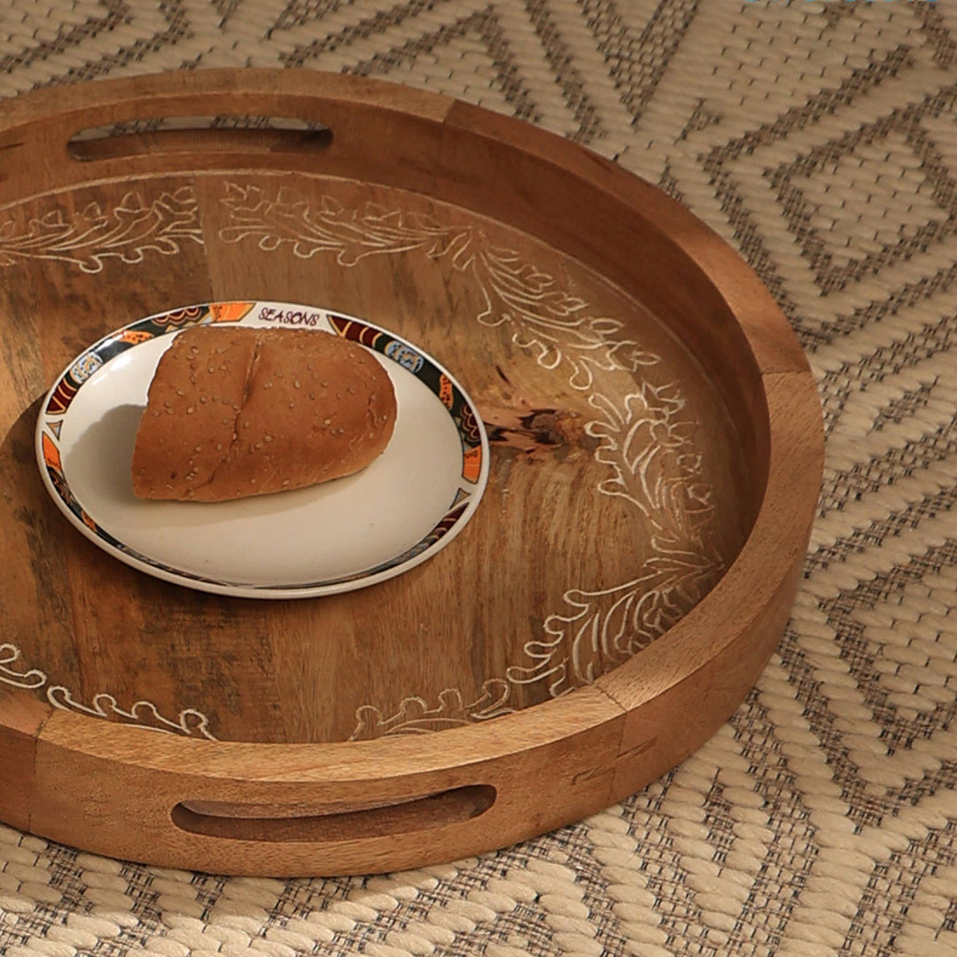 Tray | Round Mango Wood Serving Tray | Set of 2 – Elegant Wooden Dinnerware for Home & Kitchen