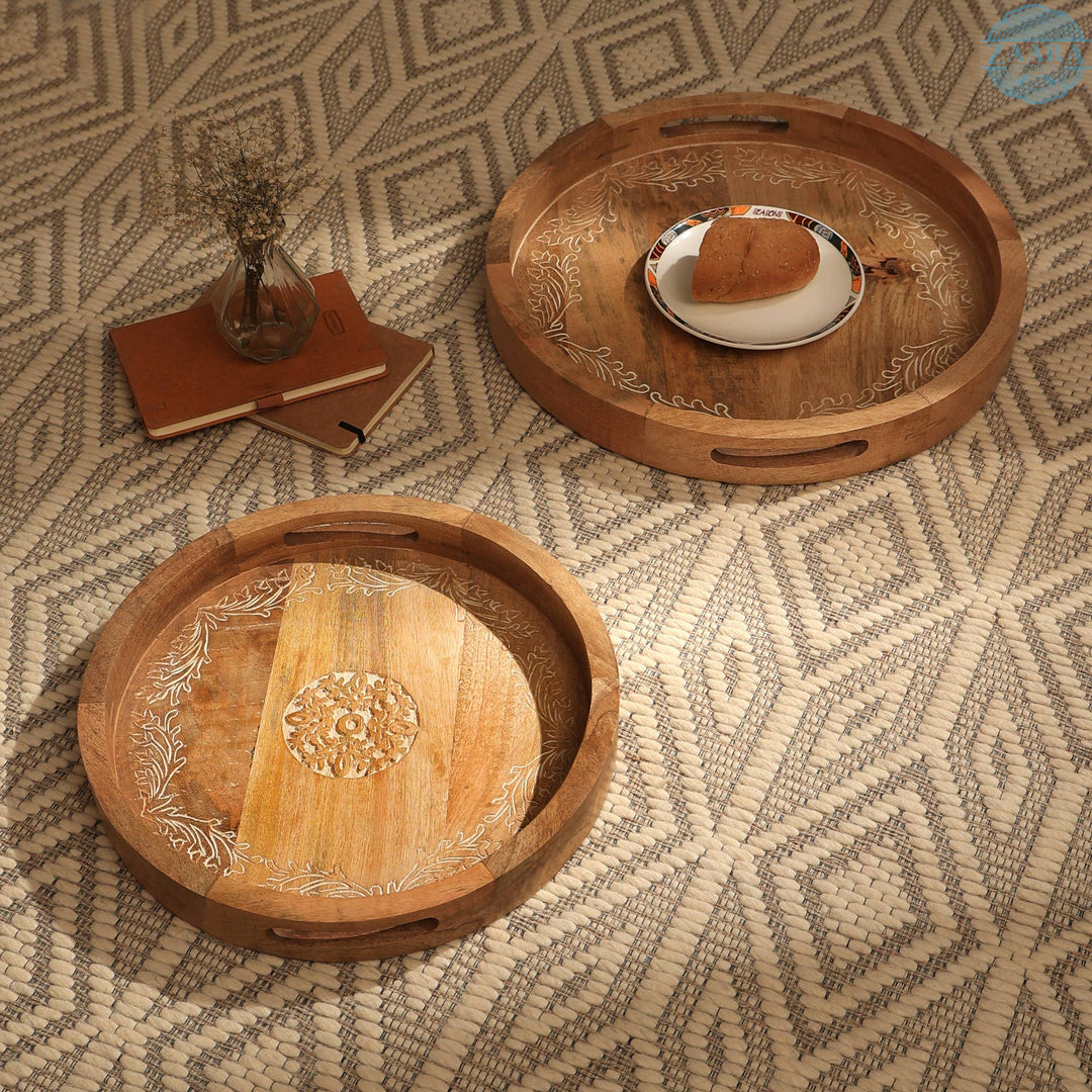 Tray | Round Mango Wood Serving Tray | Set of 2 – Elegant Wooden Dinnerware for Home & Kitchen