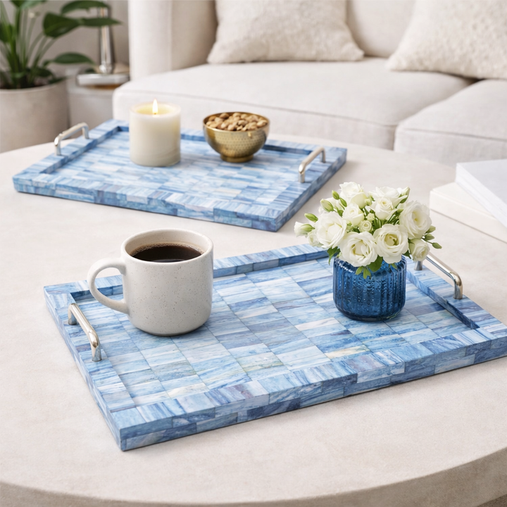 Decorative Tray | Bone & Resin Checkered Tray | Set of 2 | Elegant Home Décor