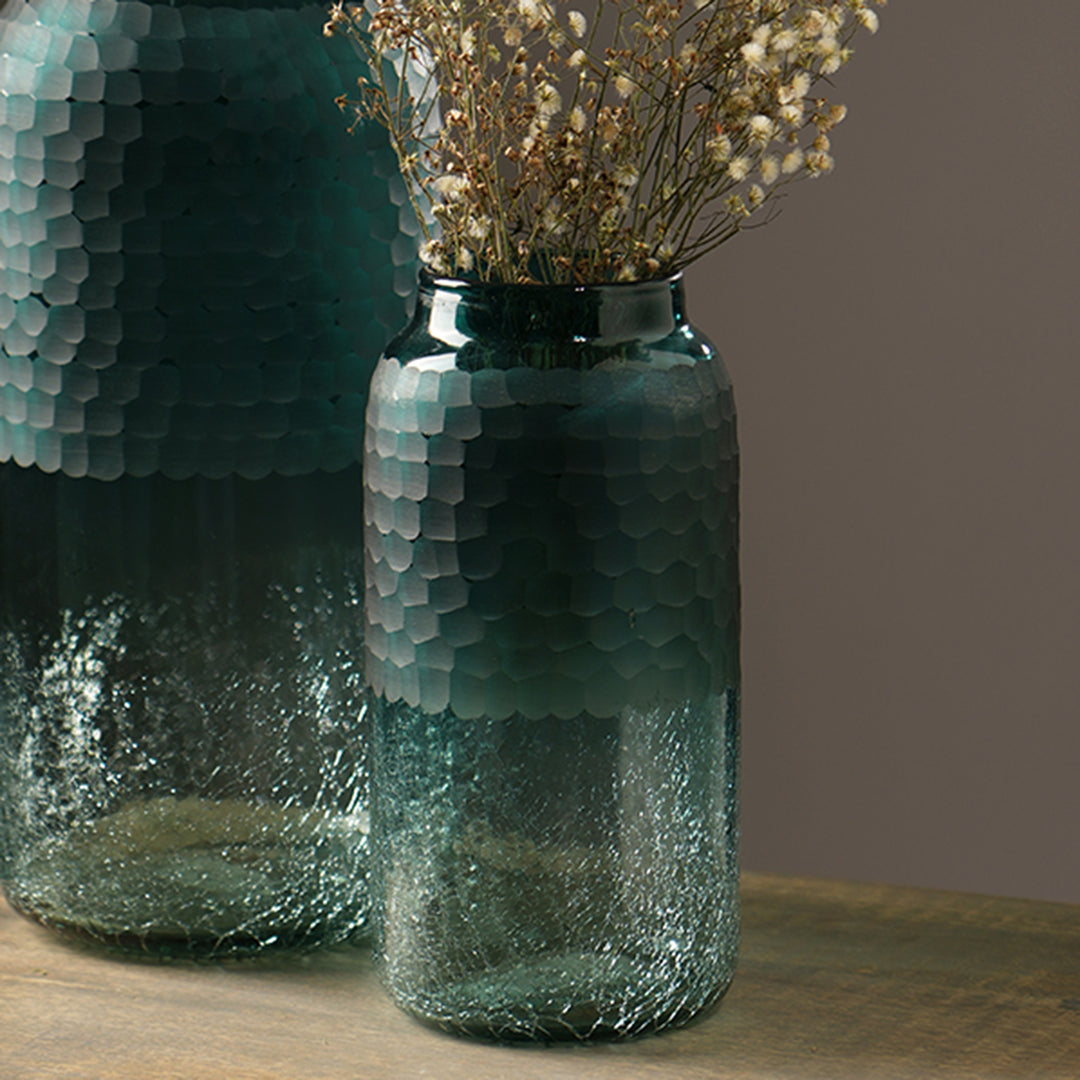 Blue Etched Half Crackle Glass Vase