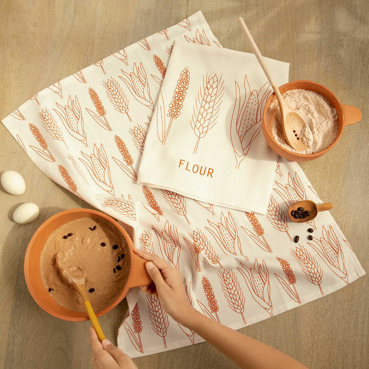 Flour Dish Towel (Terracotta) / White - Cotton / Set Of 2 Pcs / 28 X 20.5 Inches (L X W) /Moq - 10 Sets