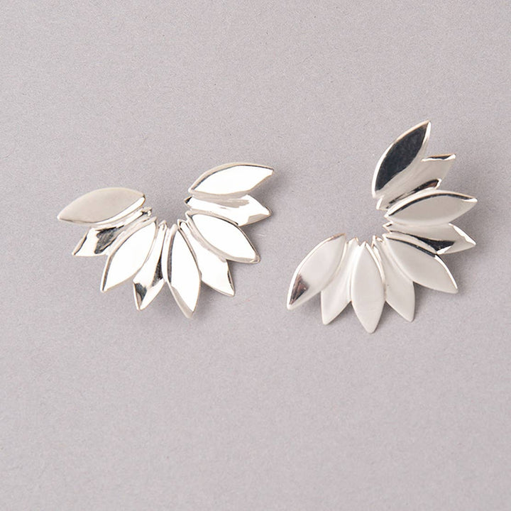 Fan Flower Stud Earrings / Silver - Brass / 1 X 1.5 Inches (L X W) / Moq - 4 Pairs