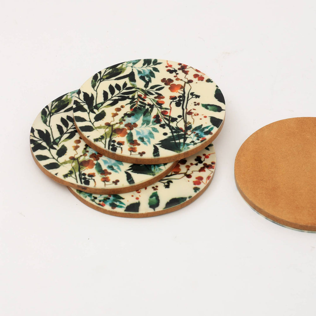 Ivory Resin Round Coasters Set of 4 | 4" | Floral Print
