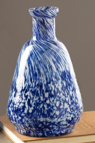 White & Blue Splutter Glass Bottle Vase Small