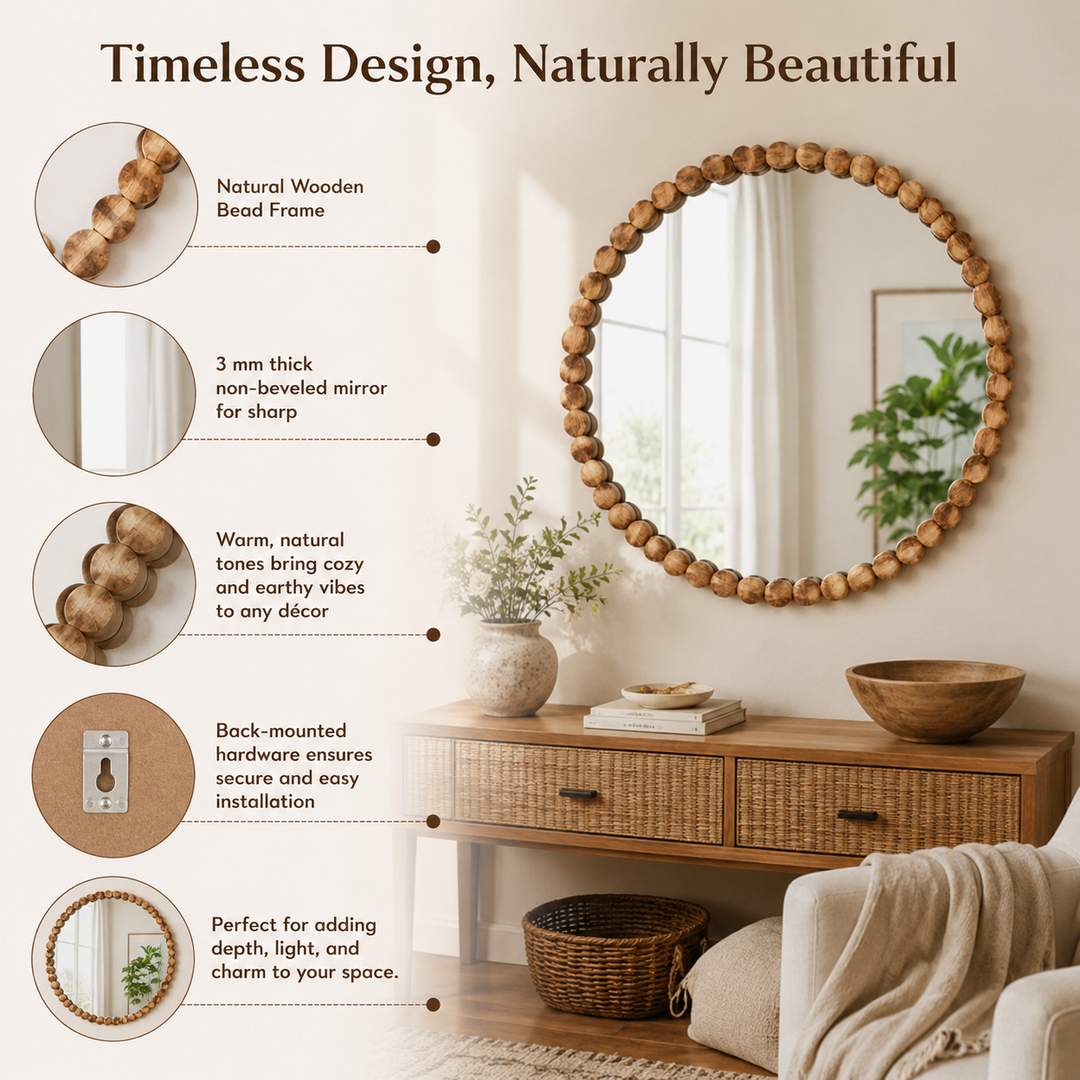 Decorative Wall Mirror | Wood Bead Design Frame | 32" Round Mirror | Living Room, Bedroom & Entryway Wall Accent